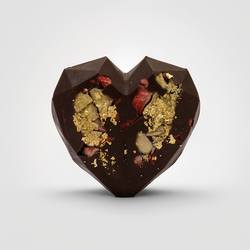 Čokoládové srdce z 52% mléčné čokolády bez přidaných cukrů s banánem, jahodami a zlatými lupínky